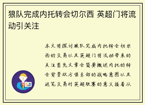 狼队完成内托转会切尔西 英超门将流动引关注
